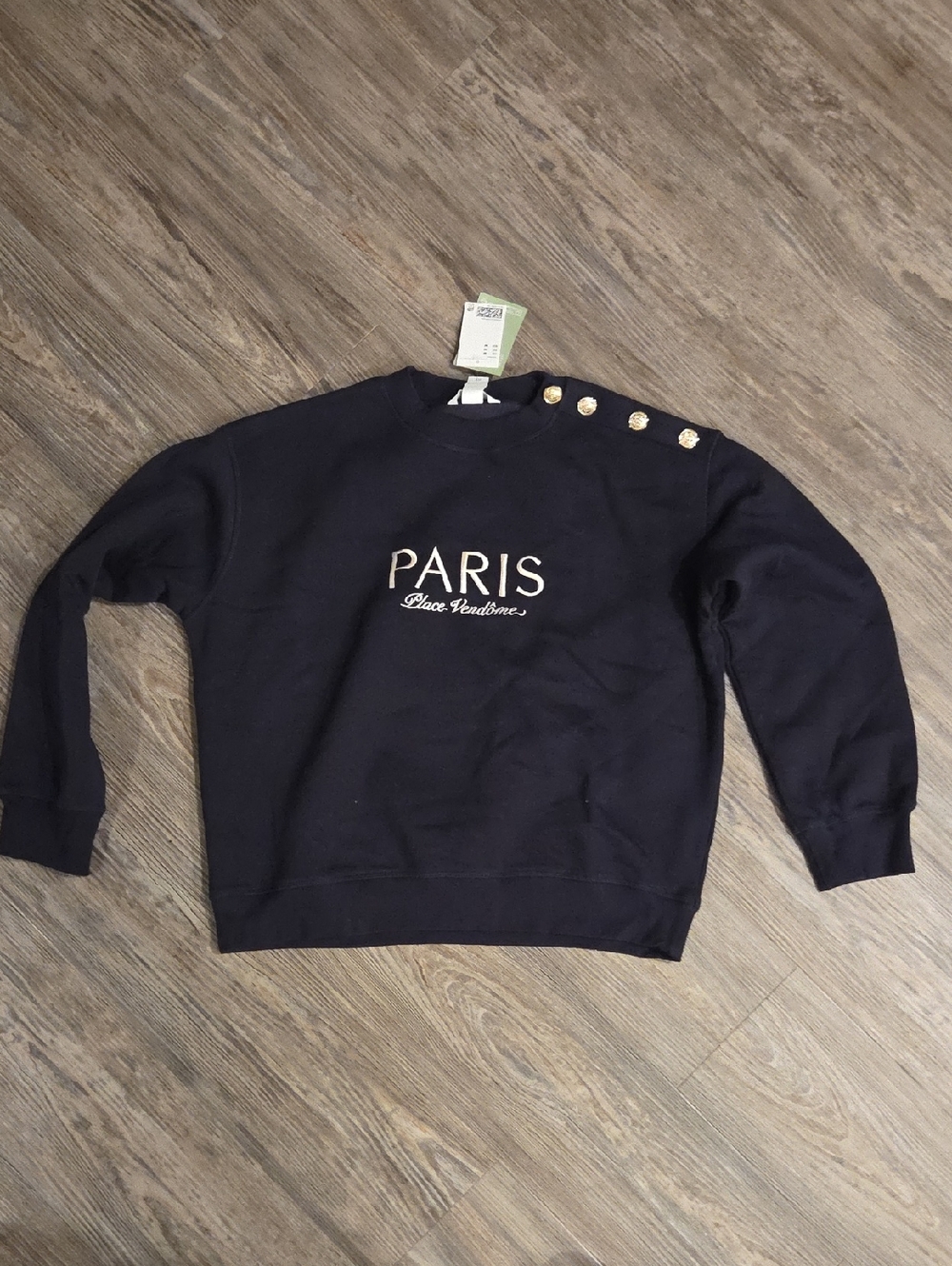 H&M Navy Crewneck Sweater with PARIS Embroidery and Gold Buttons